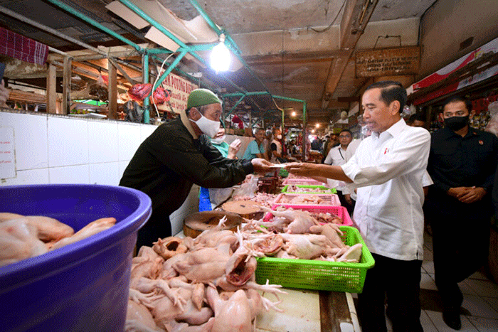 Presiden Joko Widodo meninjau aktivitas perdagangan yang berlangsung di Pasar Rawamangun, Jakarta, Rabu (5/4/2023).