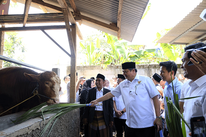 Menteri Koordinator Bidang Perekonomian Airlangga Hartarto saat mengunjungi Ponpes Raudhatul Tarbiyah dalam rangkaian kunjungan kerjanya di Purwakarta.