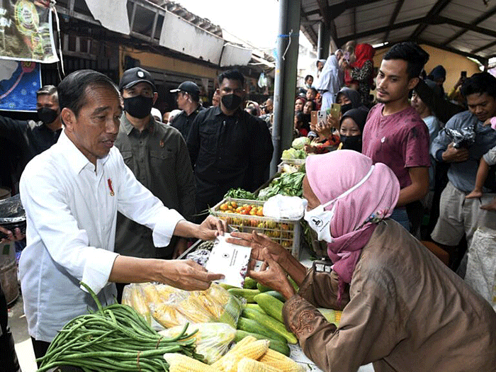 Presiden Joko Widodo didampingi Iriana Joko Widodo meninjau aktivitas perdagangan di Pasar Sambonggede, Kabupaten Tuban, Jawa Timur, Kamis (6/4/2023).