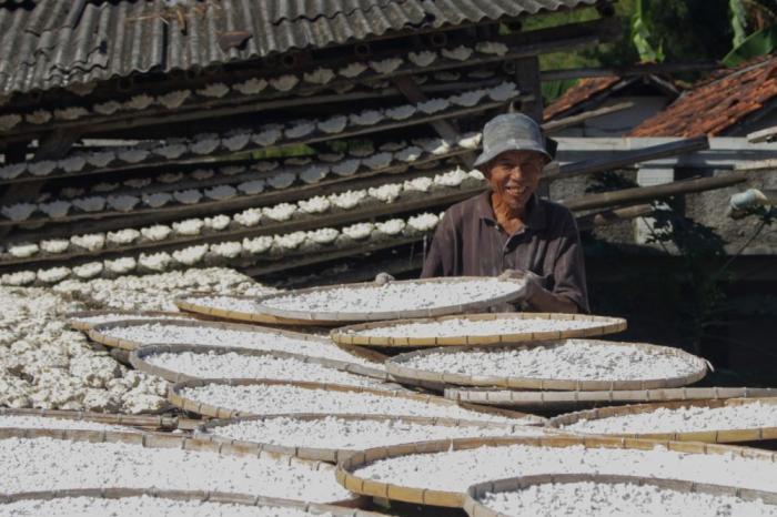 Hasim, perajin tepung aci menjemur bahan baku singkong di kawasan Kampung Pisang, Bogor, Jawa Barat, Jumat (12/5/2023).