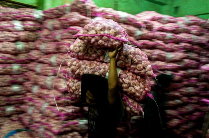 Pekerja memindahkan stok bawang putih dari gudang ke atas mobil di Pasar Induk Kramat Jati, Jakarta, Selasa (30/5/2023).