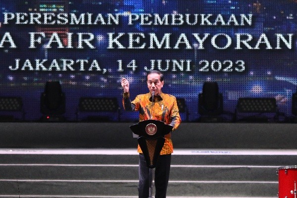 Presiden Joko Widodo memberikan sambutan saat membuka Jakarta Fair 2023 di JIExpo Kemayoran, Jakarta, Rabu (14/6/2022).