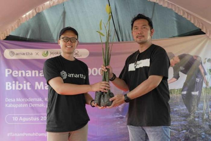 PT Amartha Mikro Fintek menggandeng Jejakin melakukan penanaman 1.000 bibit tanaman bakau atau mangrove di pesisir Pantai Morodemak, Demak, Jawa Tengah.