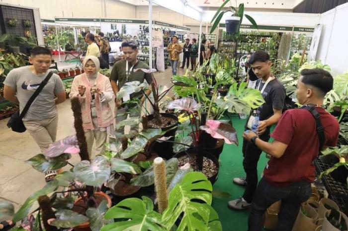 Pengunjung melihat tanaman hias yang dipamerkan dalam Pameran Floriculture Indonesia International Expo (FLOII) 2023 di ICE, BSD, Tangerang, Minggu (30/9/2023).