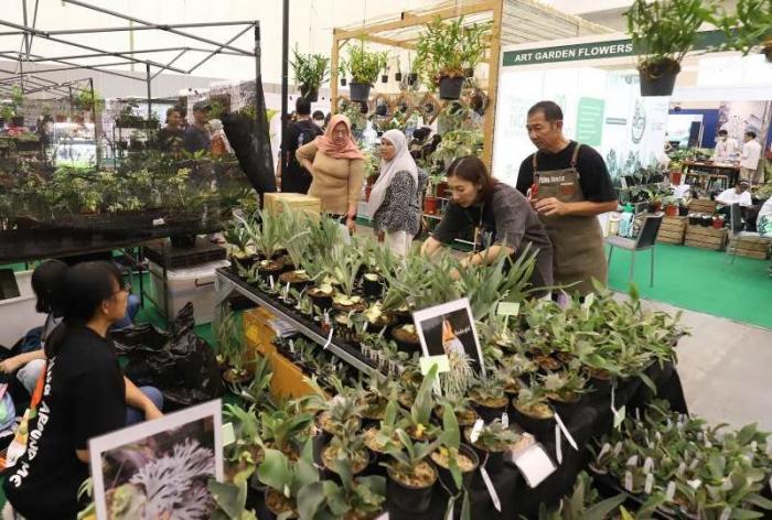 Pengunjung melihat tanaman hias yang dipamerkan dalam Pameran Floriculture Indonesia International Expo (FLOII) 2023 di ICE, BSD, Tangerang, Minggu (30/9/2023).